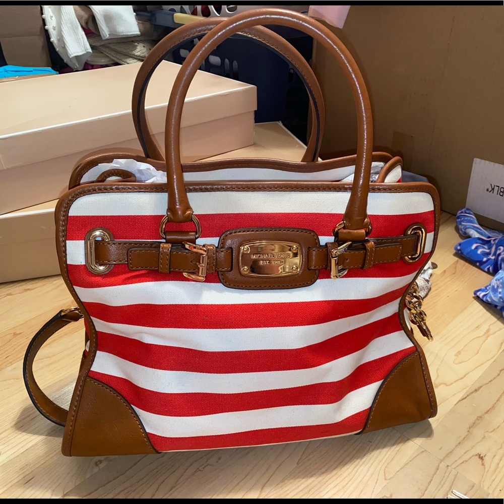 Michael Kors red and white cloth Hamilton purse